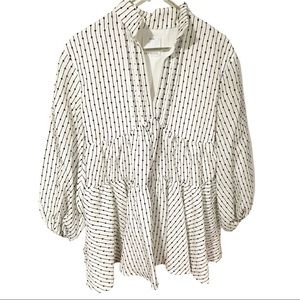 C/Meo Collective Small White Black Polka Dot Bubble Sleeve Ruffle Peasant Top